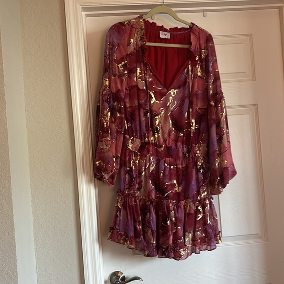 Buddy Love Zozo Dress Pink/Gold Size MEDIUM Long Sleeve Mini Ruffle - Picture 2 of 5